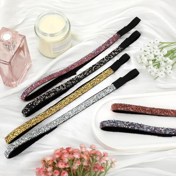 Glitter Headbands for Girls, 6 Pcs Elastic Shiny Rhinestone Non Slip Athletic Ru - Picture 2 of 7